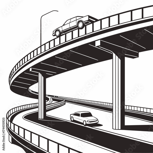 Vector art of modern highway interchange with cars driving on elevated roads