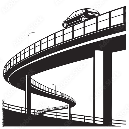 Vector art of car driving on a multilevel highway interchange, black and white illustration