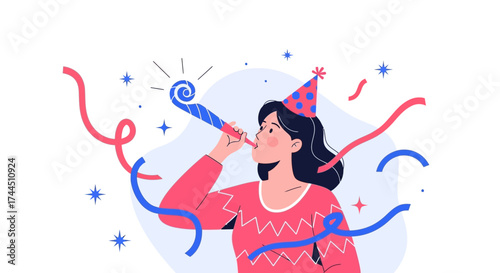 Celebratory Woman Blowing a Party Horn with Festive Decorations and Colorful Elements