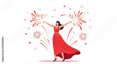 Celebratory Woman With Fireworks Displaying Joy And Celebrating Accomplishments In A Dress