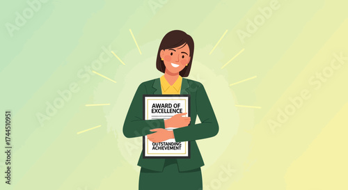 Celebratory Woman Holding Award Of Excellence Displaying Brilliant Achievement And Success