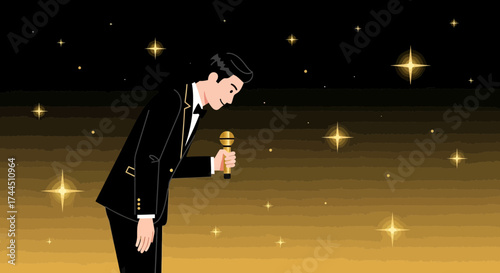 Celebrity in Black Suit Holding Microphone with Golden Backdrop and Bright Stars