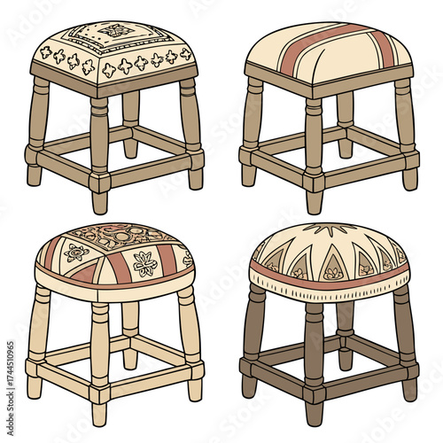 Vector art of four antique stools with patterned upholstery
