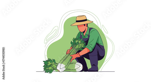 Celery Farmer In Artistic Illustration Harvesting Fresh Harvest Vegetables In Garden