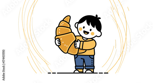 Cheerful Child Holding Gigantic Croissant, A Delightful Illustration for Food Lovers