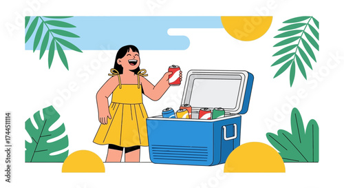 Cheerful Girl Enjoying Refreshments In Summer, Surrounded By Tropical Flora And Cooling Box