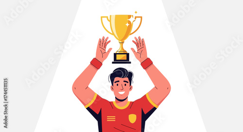 Champion Celebrating Victory, Holding Golden Trophy Above Head, Vector Illustration
