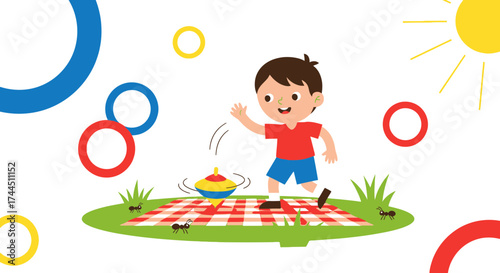 Cheerful Child Playing With A Spinning Top On A Picnic Blanket In The Sunshine