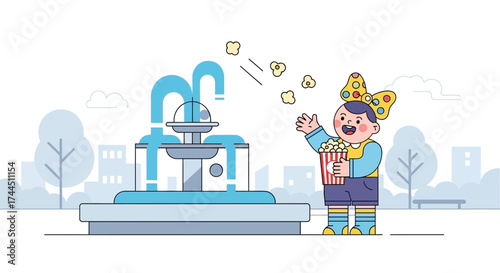 Cheerful Child in Park, Enjoying Popcorn, Near Fountain, Cute Illustration