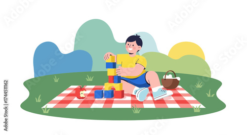 Cheerful Child Playing With Colorful Building Blocks Outdoors, Picnic Time In Nature