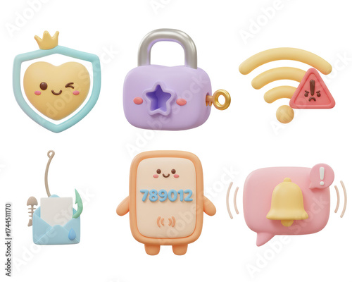 A collection of cute 3D icons depicting online security phishing