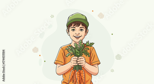 Cheerful Child Proudly Presenting Freshly Harvested Carrots in Vibrant Illustrated Style