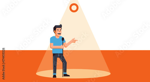 Cheerful Comedian Pointing While Presenting Under Spotlight Stage Illustration