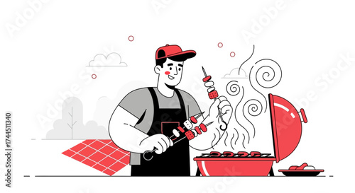 Cheerful Cook Prepares Skewers On BBQ Grill Enjoying Outdoor Grilling Activities