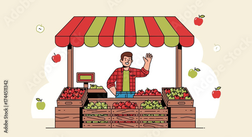 Charming Farmer Enthusiastically Greeting Customers, Offering Fresh Apples at His Stall