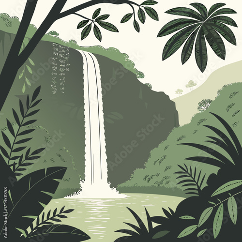 Vector art of lush jungle waterfall cascading into a serene pool surrounded by tropical foliage