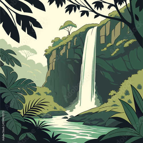 Vector art of lush jungle waterfall cascading into a serene river surrounded by tropical foliage