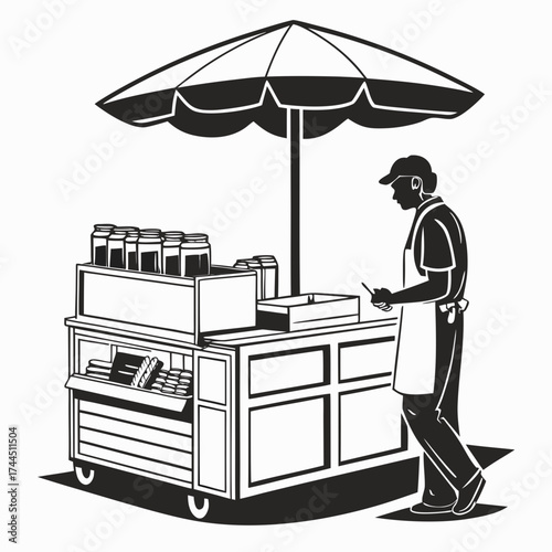 Vector art of street food vendor with cart and umbrella