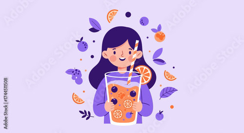 Cheerful Girl With Refreshing Drink Illustration Design, Vibrant And Playful Art.