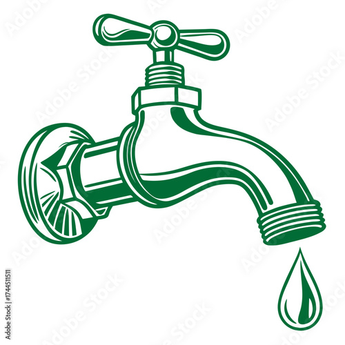 Vector art of green water tap with a drop of water