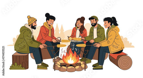 Cheerful Group Around Fire Roasting Corn While Sharing Stories And Enjoying Outdoors