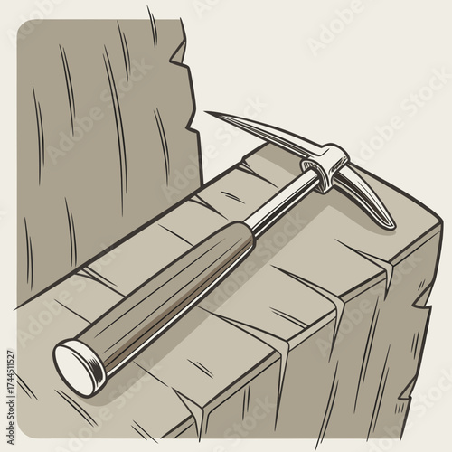 Vector art of geologists rock hammer resting on a stone block