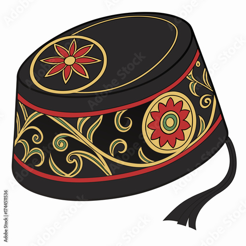 Vector art of traditional black fez hat with red and gold floral embroidery and tassel