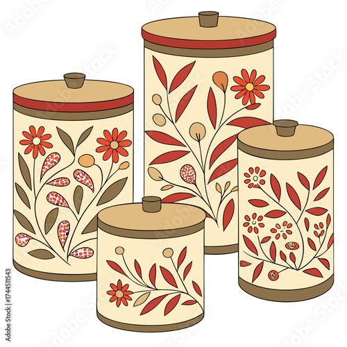 Vector art of four vintage canisters with floral pattern