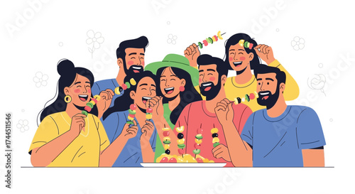 Cheerful Group Eating Skewers at Outdoor Gathering Enjoying Delicious Food