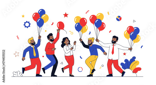 Cheerful Group Celebrating With Balloons And Joyful Festive Atmosphere