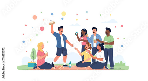 Cheerful Group of Friends Enjoying a Picnic with Snacks, Drinks, and Vibrant Joy