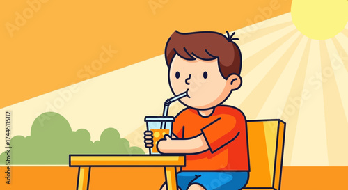 Charming Illustration of A Kid Enjoying A Refreshing Beverage On A Sunny Day