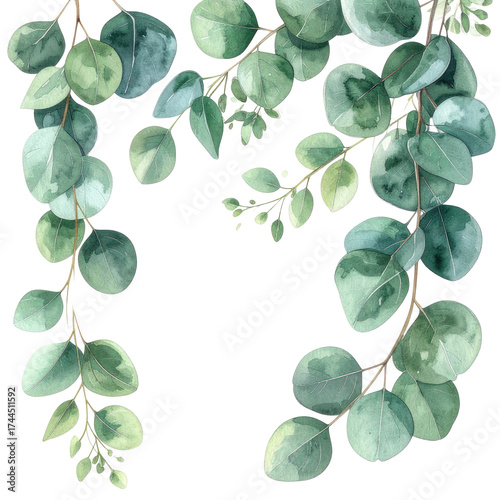 Watercolor eucalyptus garland, green foliage on black, detailed plant artwork