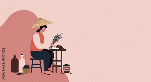 Person in conical hat preparing traditional herbstea Cultural craft natural ingredients lifestyle