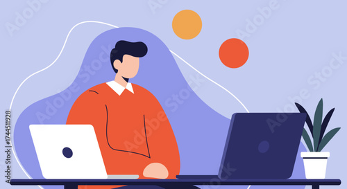 Man working on two laptops at a modern desk illustrating remote work and productivity