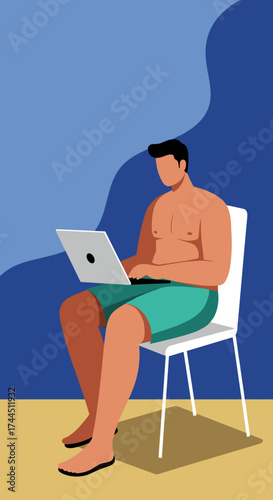 Man in swim trunks working remotely on laptop Digital nomad vacation and flexible lifestyle concept