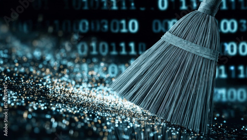 Conceptual image of a broom sweeping away glowing digital data particles against a binary code background.