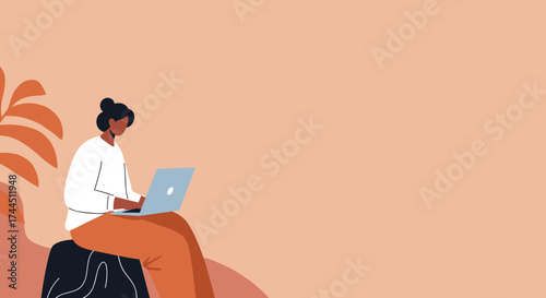 Woman working on laptop at home Remote work online learning or creative freelance