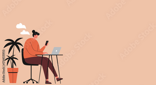 Woman working remotely with laptop and phone ideal for home office freelance online business