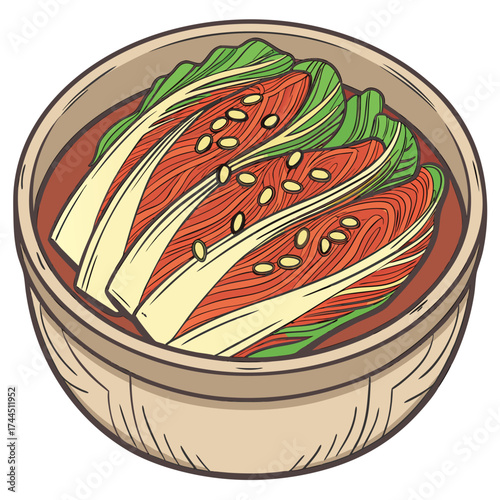 Vector art of a bowl of kimchi, a traditional korean fermented vegetable dish, is presented in a rustic ceramic bowl, garnished with sesame seeds