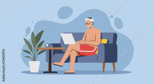 Relaxed senior man uses laptop on sofa Remote work vacation or modern home lifestyle