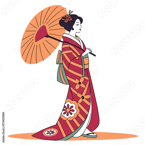 Illustration of a japanese geisha in a traditional kimono holding a parasol