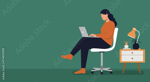 Woman working on laptop at home office Remote work online learning or freelance concept