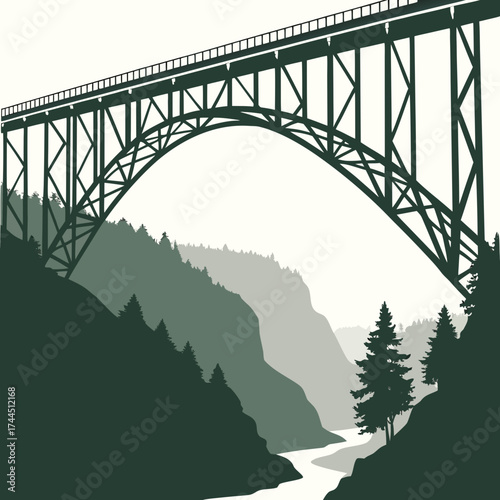 Vector art of a silhouette of a large steel arch bridge spanning across a deep gorge with a river flowing below and pine trees on the slopes