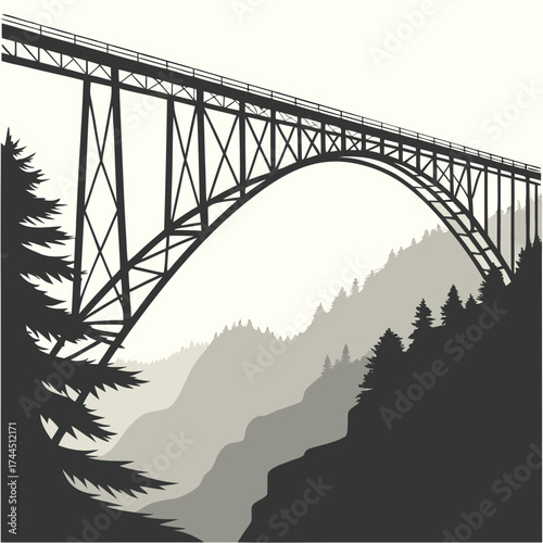 Vector art of a dramatic arch bridge spans a deep gorge with forested mountains in the background, rendered in a graphic style
