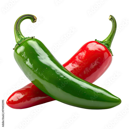 Two chili peppers, one red and one green, crossed on a black background