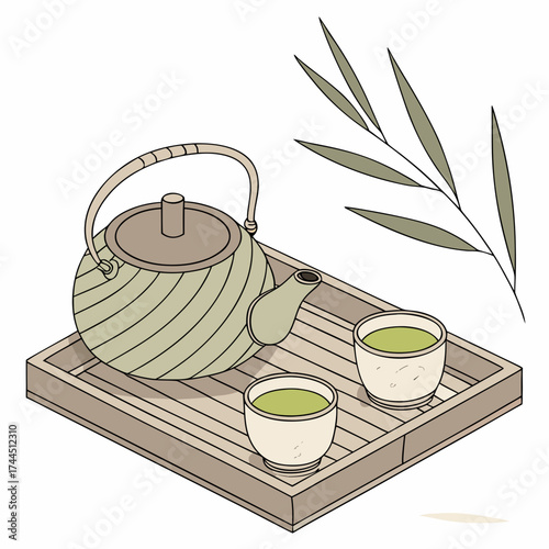 Vector art of japanese tea ceremony set with teapot and cups on a wooden tray, accompanied by bamboo leaves