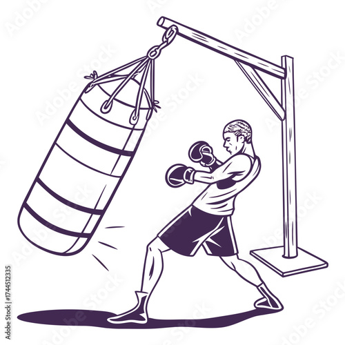 Vector art of boxer punching a heavy bag, illustration