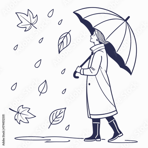 Vector art of woman holding umbrella in falling leaves and rain