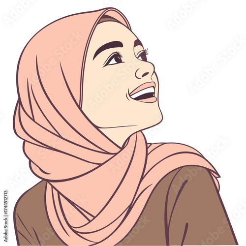Vector art of a smiling young woman wearing a pink hijab, looking up with joy
